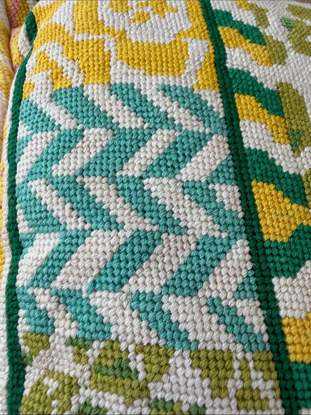 Vintage Needlepoint throw pillow Geometric Pattern w/floral botanical accents